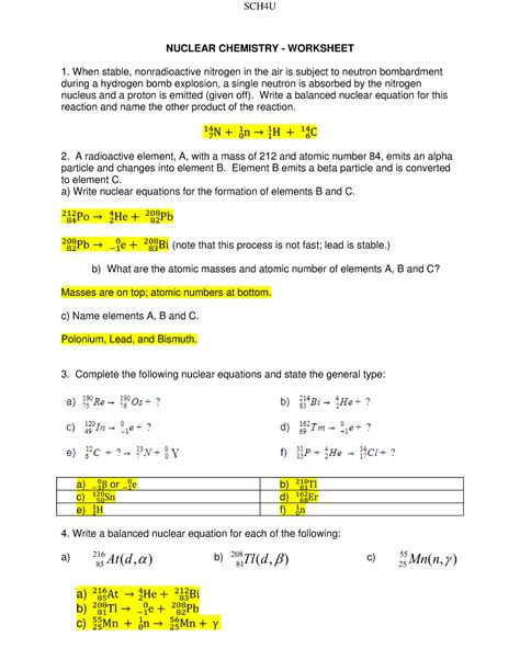 nuclear chemistry practice worksheet answer key
